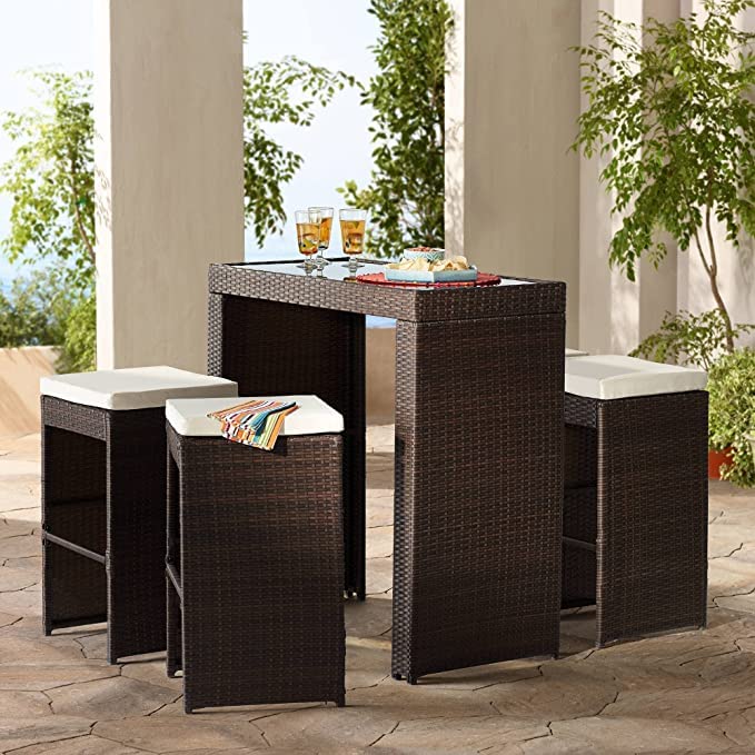 DEVOKO Outdoor Bar Sets, Rattan Wicker Outdoor Dining Set, 5 Piece Patio Furniture Set with 4 Stools, 1 Table, Glass Tabletop Bar Patio Set for Backyard, Porch, Garden, Poolside