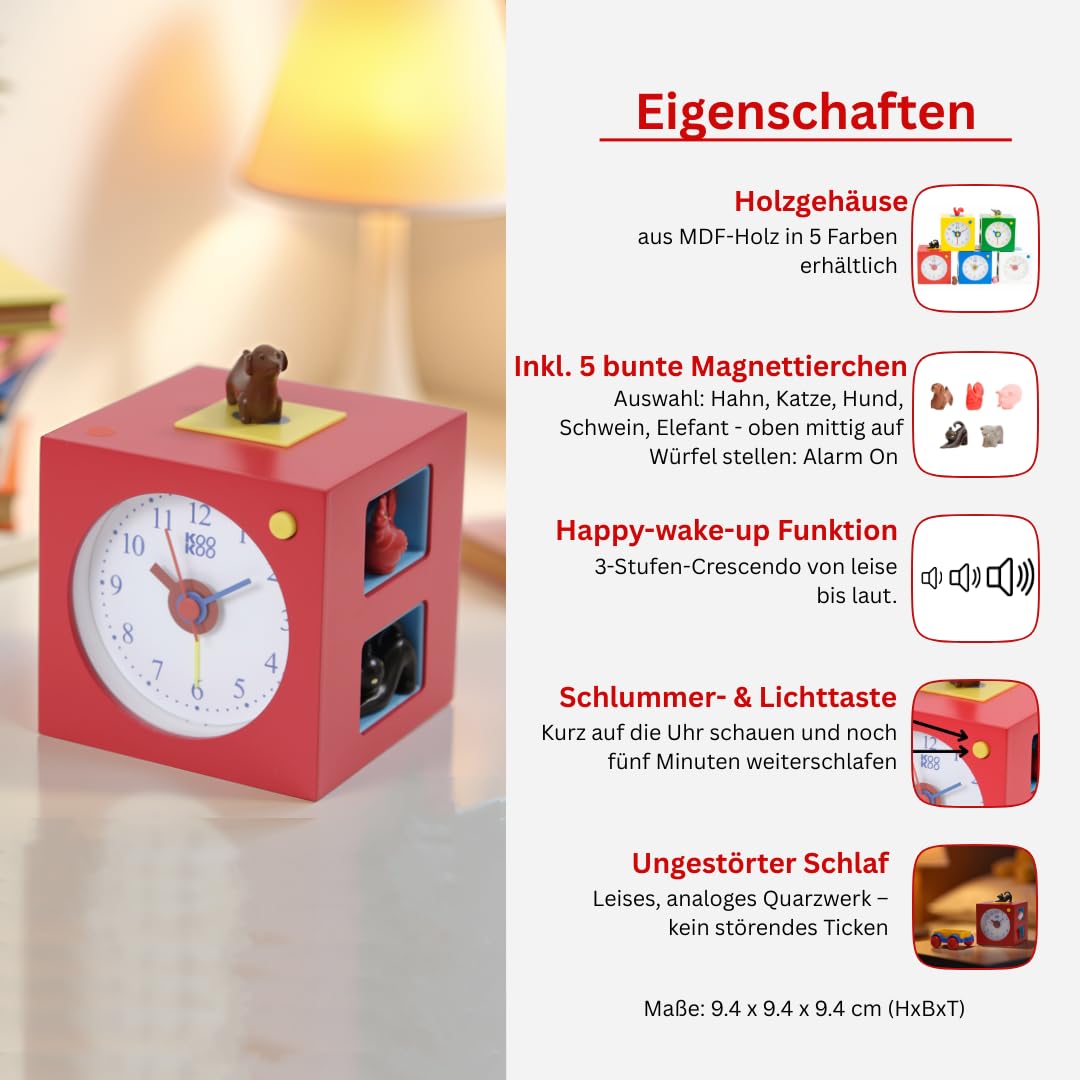 KOOKOO KidsAlarm Rot, Kinderwecker mit 5 Bauernhoftieren und echten Aufnahmen