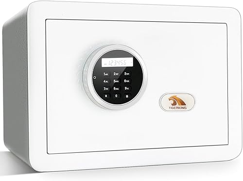 TIGERKING Caja Fuerte Pequeña de 1.2 Pies Cúbicos, Caja Fuerte de Seguridad Blanca con Teclado Digital, 2 Pernos de Bloqueo Antirrobo, Estante