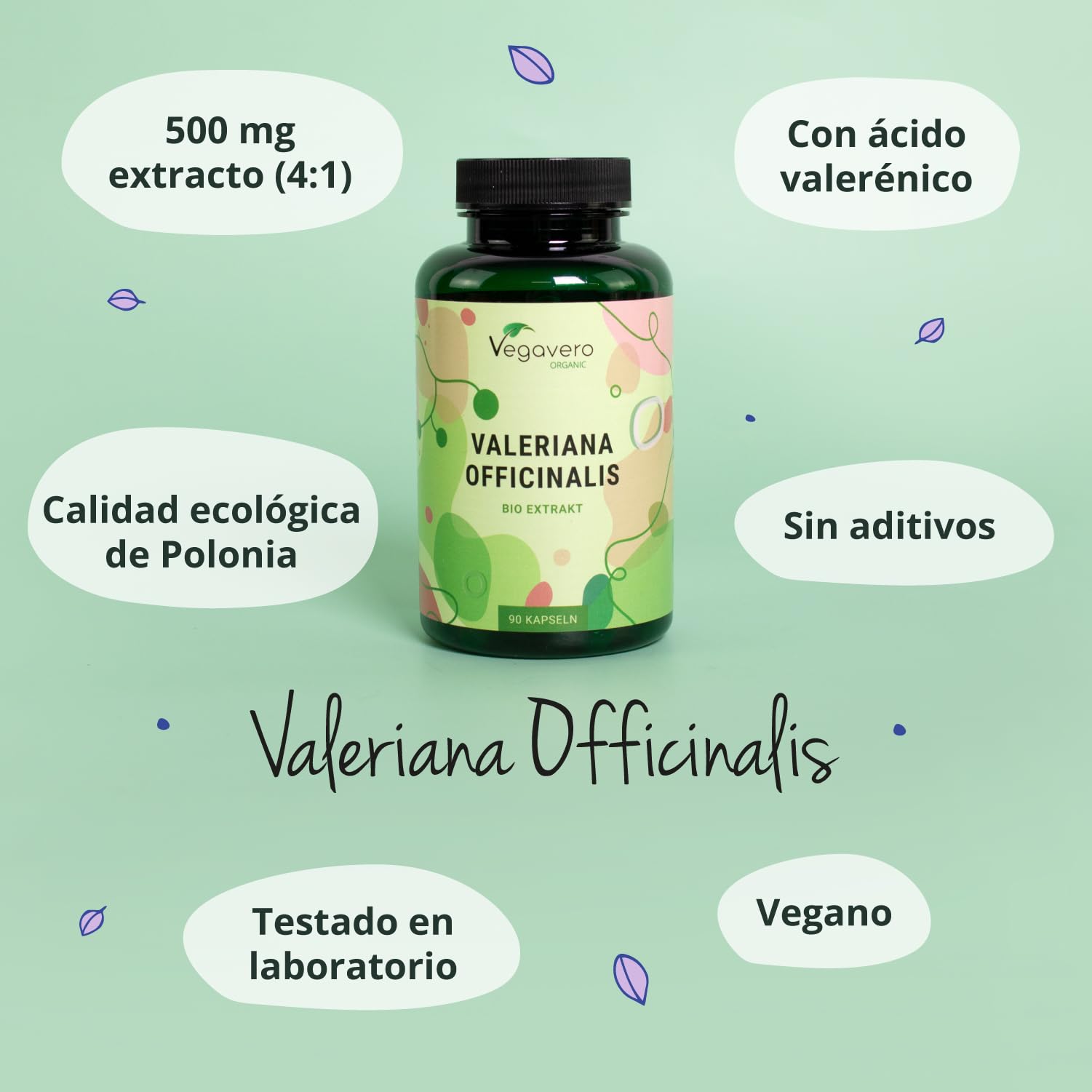 Valeriana BIO 2000 mg Vegavero® | Extracto Valeriana Officinalis | SIN ADDITIVOS | Favorece Relajación y Sueño | Contra Estrés y Mal Humor | 90 Cápsulas