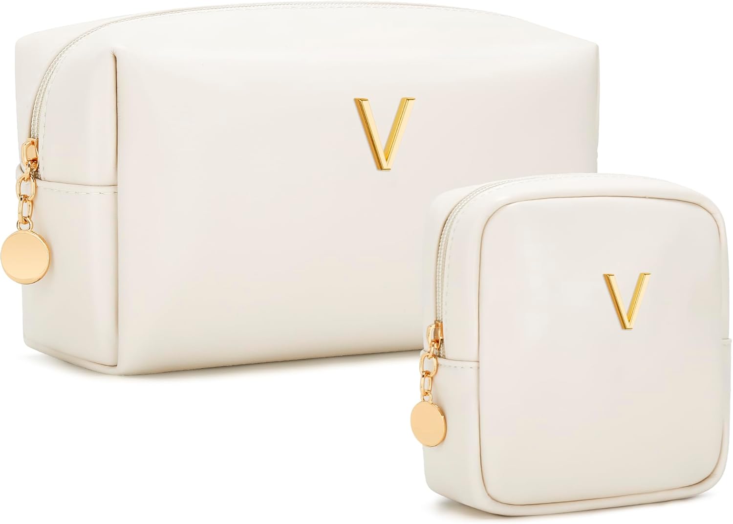 CLOUDWINGS Personalized Birthday Gifts for Women - Initial Makeup Bag Set Travel Toiletry Bag Cosmetic Bags Soft Waterproof PU Leather Makeup Pouch Travel Essentials (Beige,V)