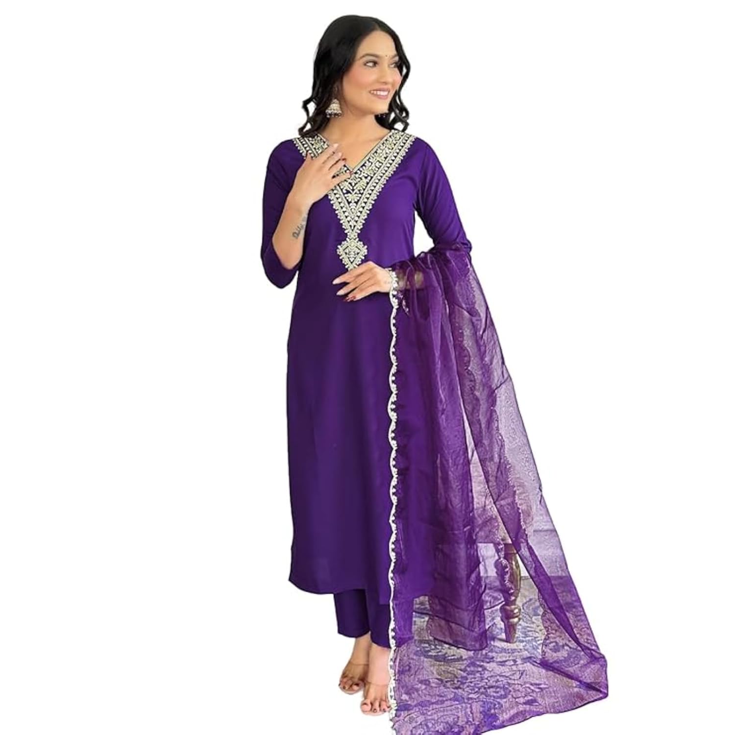 Naixa Women’s Violate Rayon Slub Embroidered Straight Kurta with Pant Dupatta Sets (Available in Plus Size) (NX-575) Naixa Women’s Violate Rayon Slub Embroidered Straight Kurta with Pant Dupatta Sets (Available in Plus Size) (NX-575)