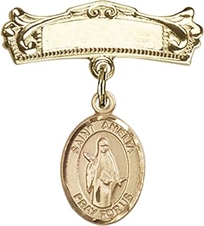 14kt Yellow Gold Baby Badge with St. Amelia Charm and Arched Polished Badge Pin 7/8 X 3/4 inches