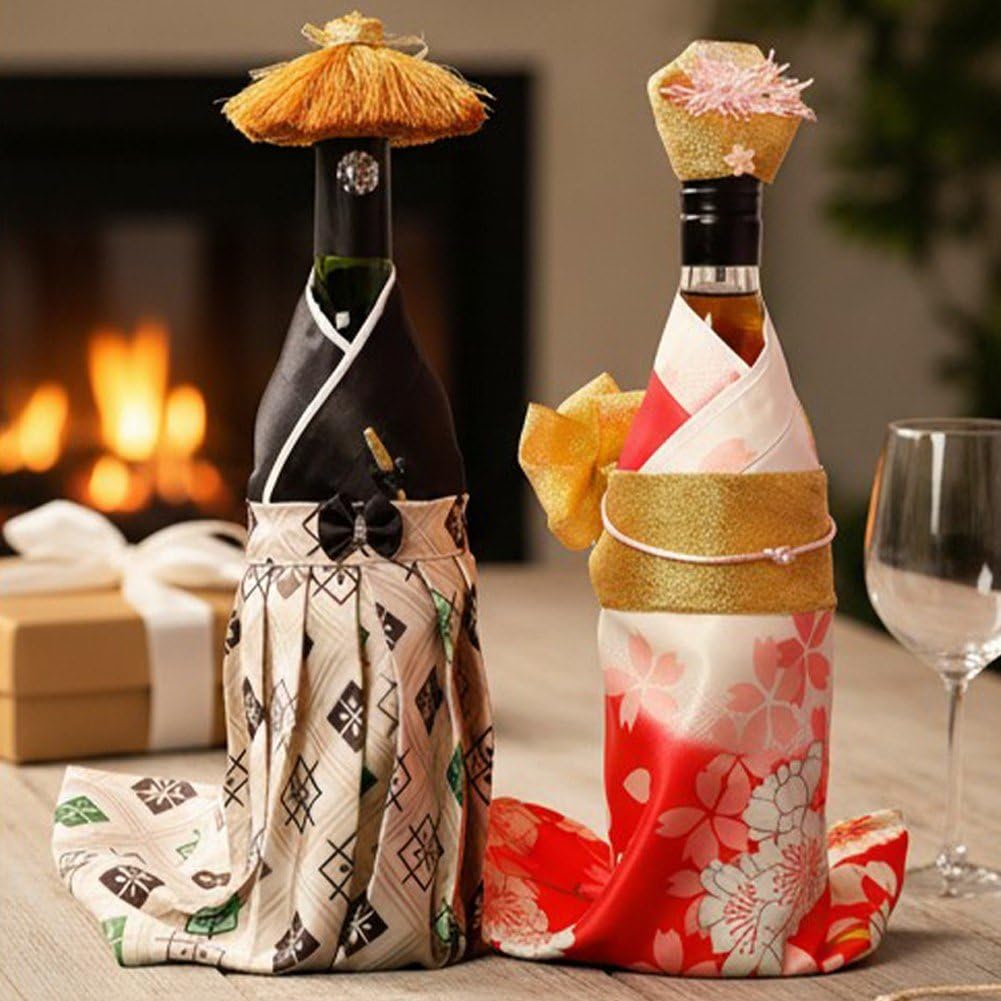 Lot De 2 Housses De Bouteille Créatives De Style Kimono Japonais avec Chapeaux, Idéales pour Décorer Une Bouteille De Vin Ou De Champagne.