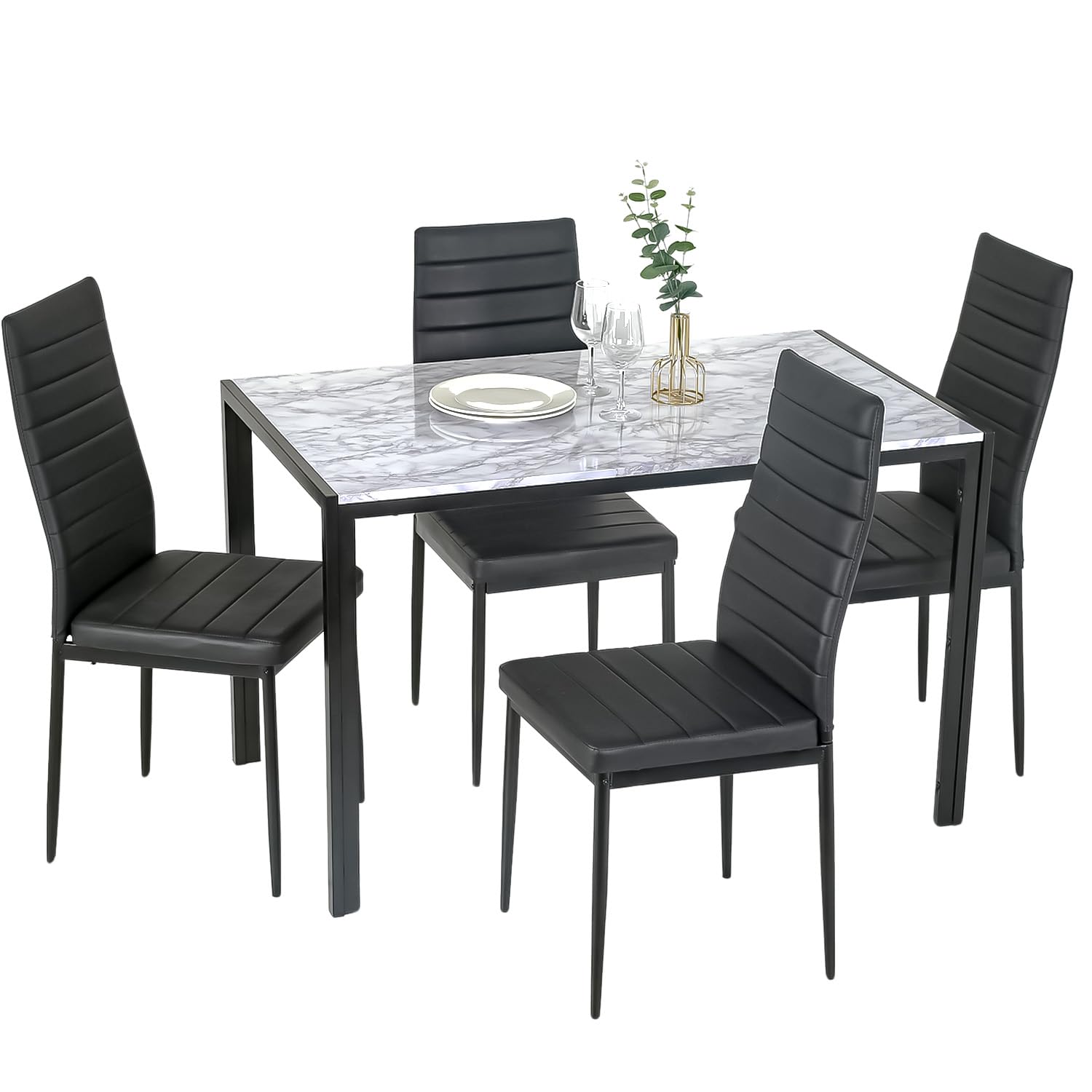 PayLessHere Dining Table and Chairs Set, Modern Rectangular Marble Table top with 4 Chairs PU Leather for Dining Room and Kitchen, White Marble