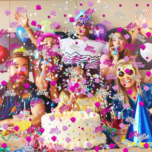Image of Hot Pink and Silver Happy Birthday Confetti, 3000 Pcs Birthday Cake Table Metallic Foil Confetti Party Table Decor for Party, Baby Shower, DIY Arts and Crafting