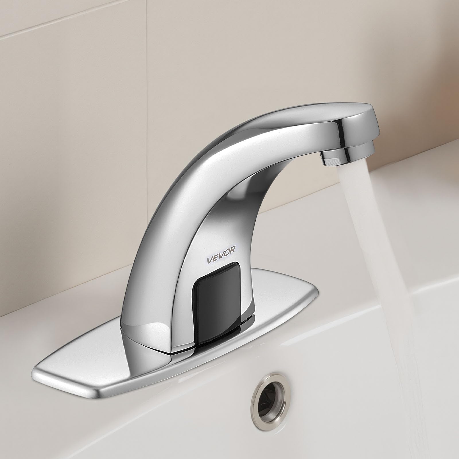 VEVOR berührungsloser Waschtischhahn (verchromtes Silber) Badezimmer, automatische Waschtischarmatur, Sensorhahn mit Lochabdeckung, batteriebetriebener Wasserhahn Toilettenhahn Waschbeckenarmatur