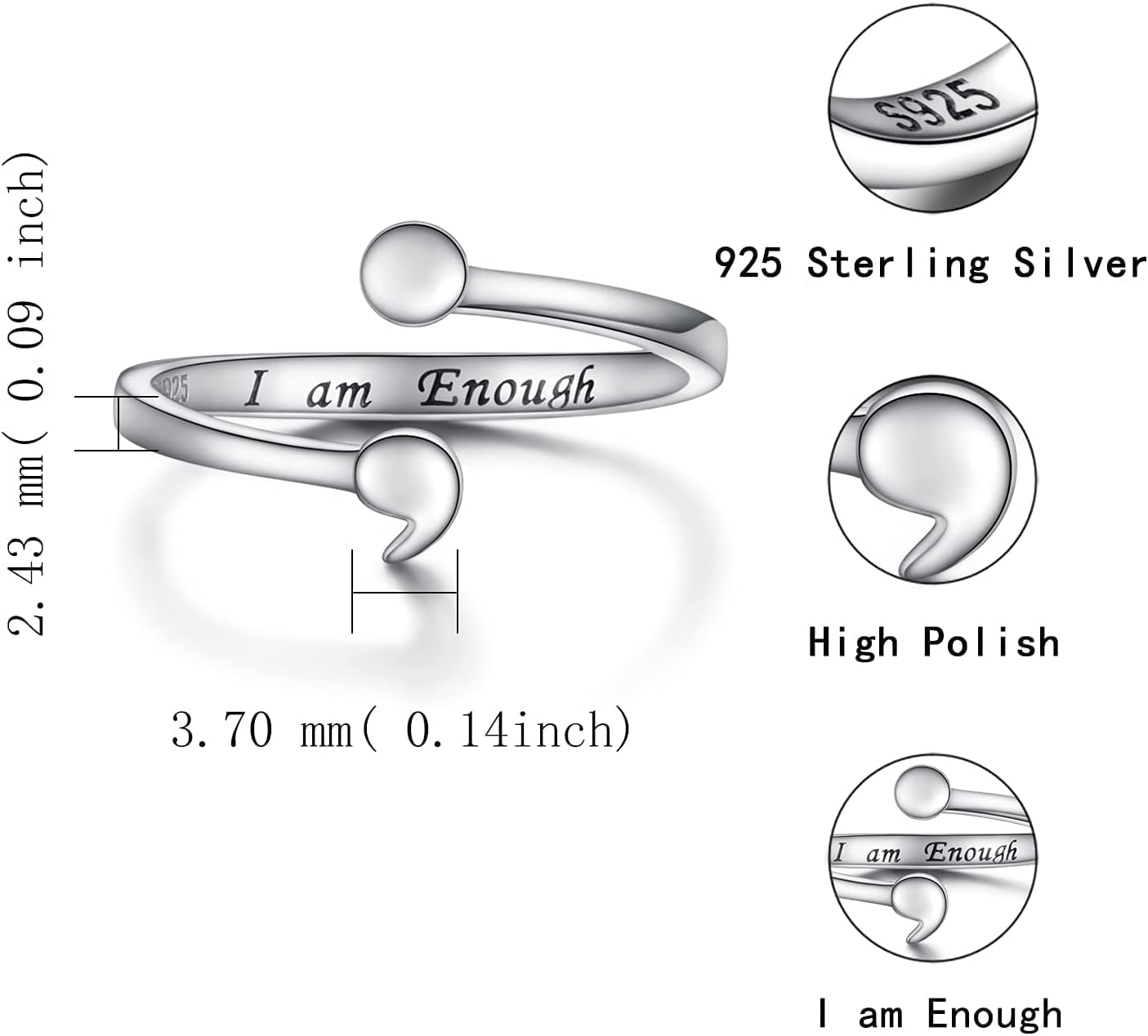 MANBU Sterling Silver Semicolon Ring for Women: I am Enough Keep Going Ring Engraved Inspirational Message Supporting Jewelry Gifts for Daughter Sister