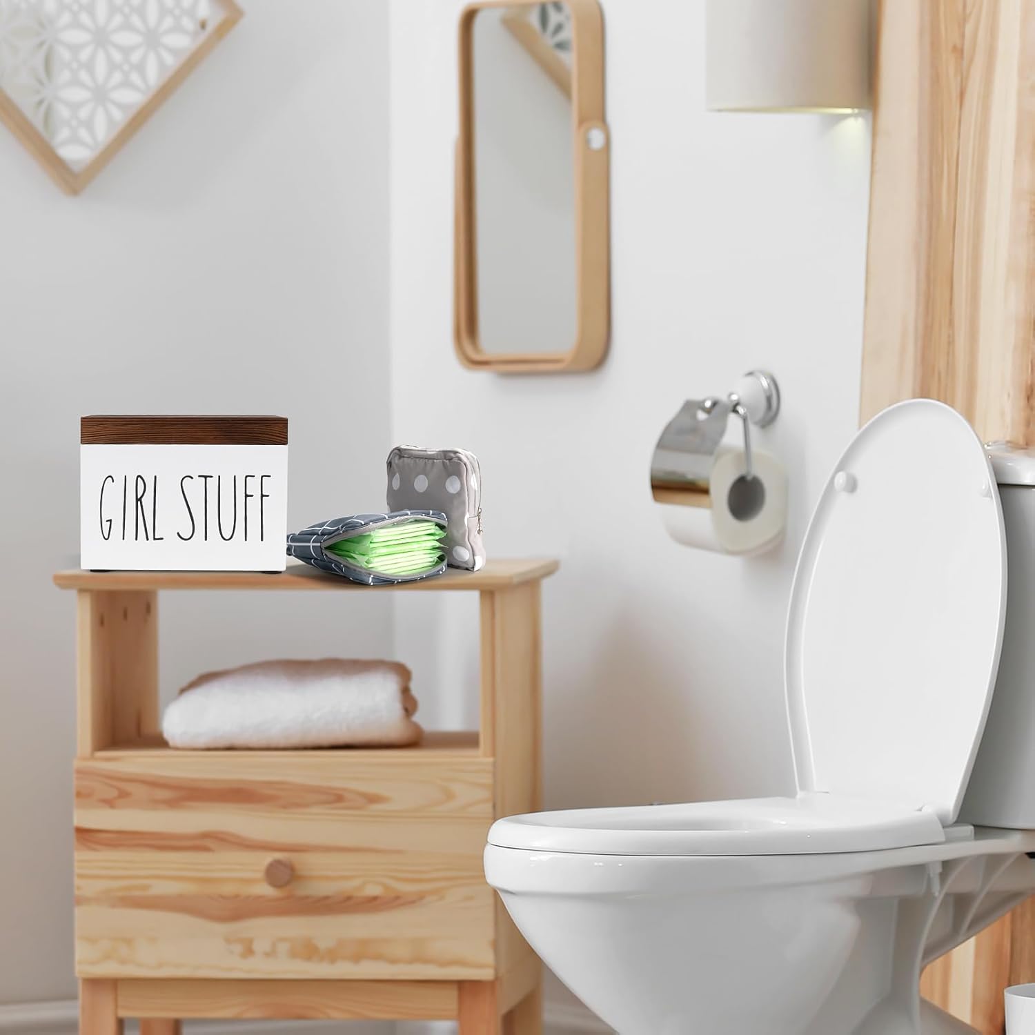 Tampon Holder for Bathroom Wooden Feminine Product Organizer Bin with Lid 2 Pieces Portable Sanitary Napkin Storage Bag Organizer Girl Stuff Box for Bathroom Decor Accessories