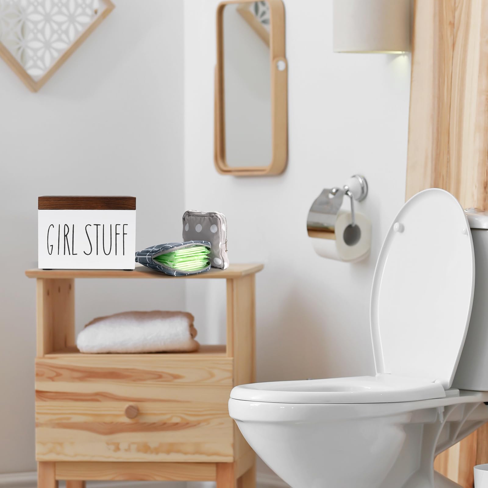 Soporte para tampón para baño, organizador de productos femeninos de madera, con tapa, 2 piezas, bolsa de almacenamiento de servilletas sanitarias portátil, organizador de bolsa de 3