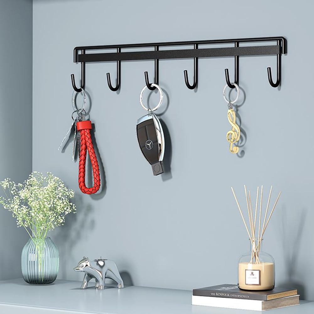 2 ganchos de cocina de montaje en pared, estante para utensilios con 6 ganchos, soporte sin perforación, riel de ahorro de espacio para baño (negro) 5
