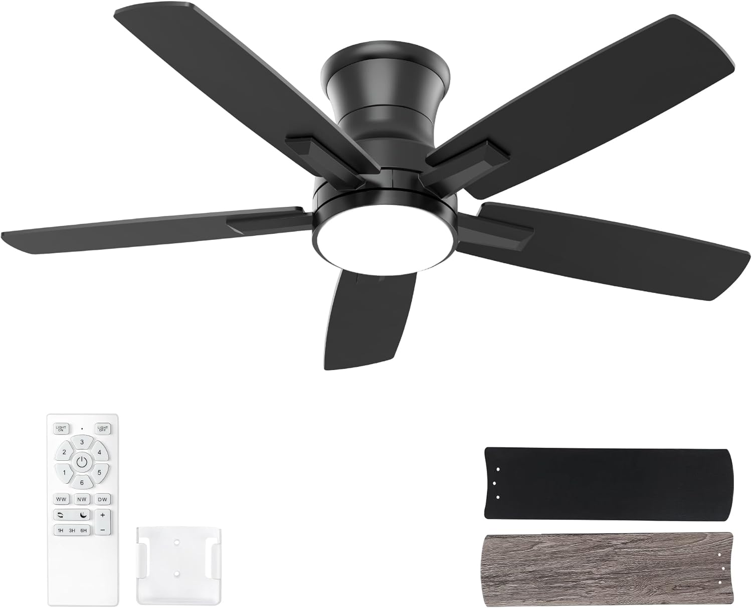 YUHAO 42 Inch Flush Mount Black Ceiling Fan with Light and Remote Control.Noiseless,Dimmable,3CCT,6 Speeds Reversible, Low Profile DC Ceiling Fans for Indoor Use