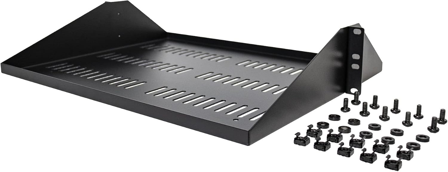 StarTech.com 2U Server Rack Shelf, Center Mounted Universal Vented Rackmount Cantilever Tray for 19" Network Equipment Rack, Heavy Duty Steel, 200lb Capacity, 14" Deep, Black (SHELF-2U-14-CENTER-V)