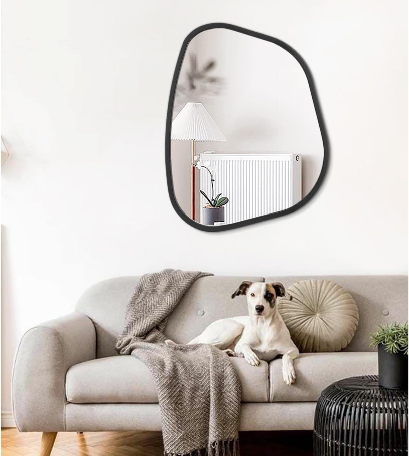 Black Asymmetrical Mirror Large 26"x18" Irregular Oval Wall Mirror Modern Wood Frame Unique Shape Wall Mounted Vanity Artistic Mirror Decorative for Living Room Bedroom Bathroom Entryway Hallway