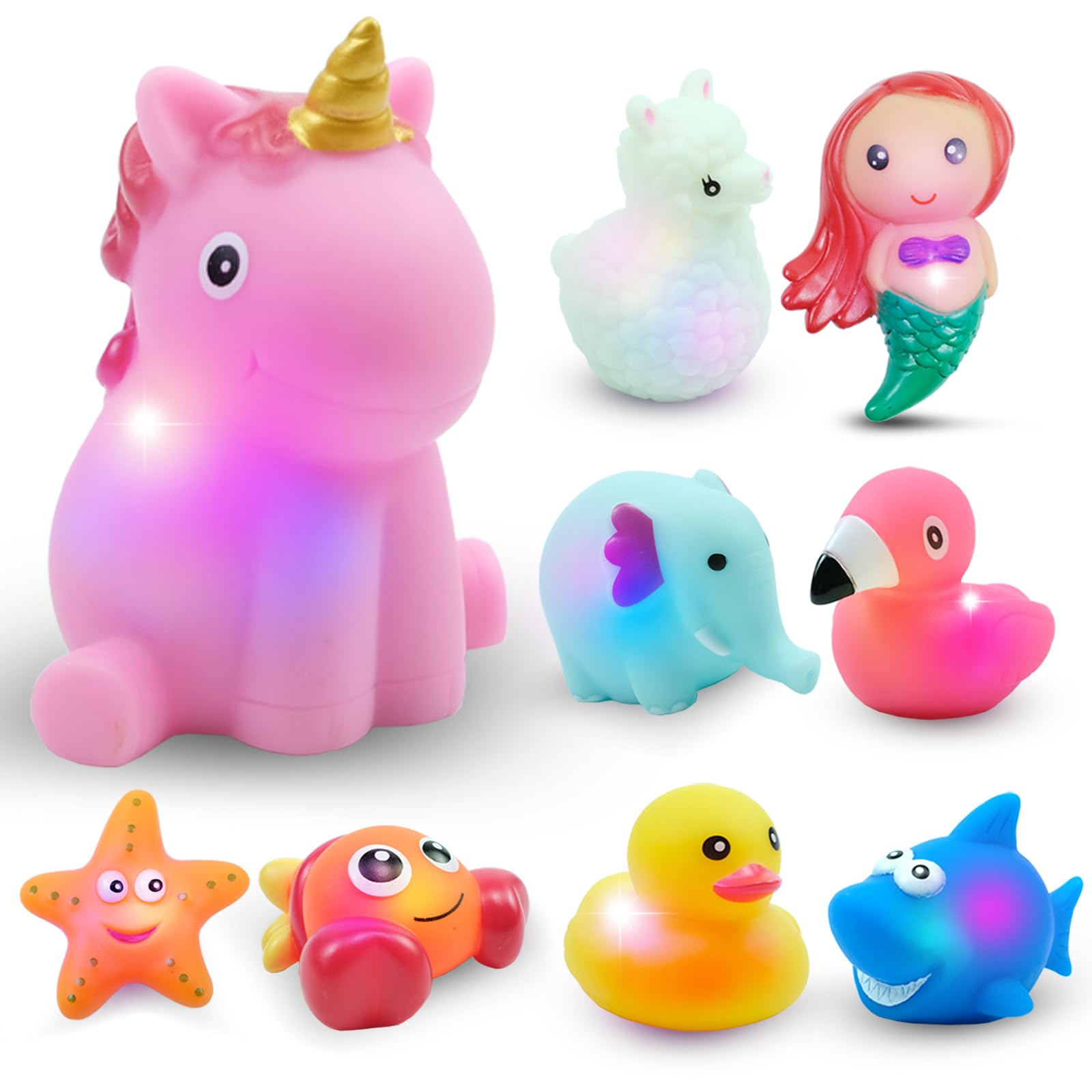 9PCS Light Up Bath Toys for Baby, Toddler Colourful LED Unicorn Bath Toys, Bathtime Floating Rubber Shower Toy for Baby, Swimming Pool Party Birthday Gifts for Infant Boy Girl