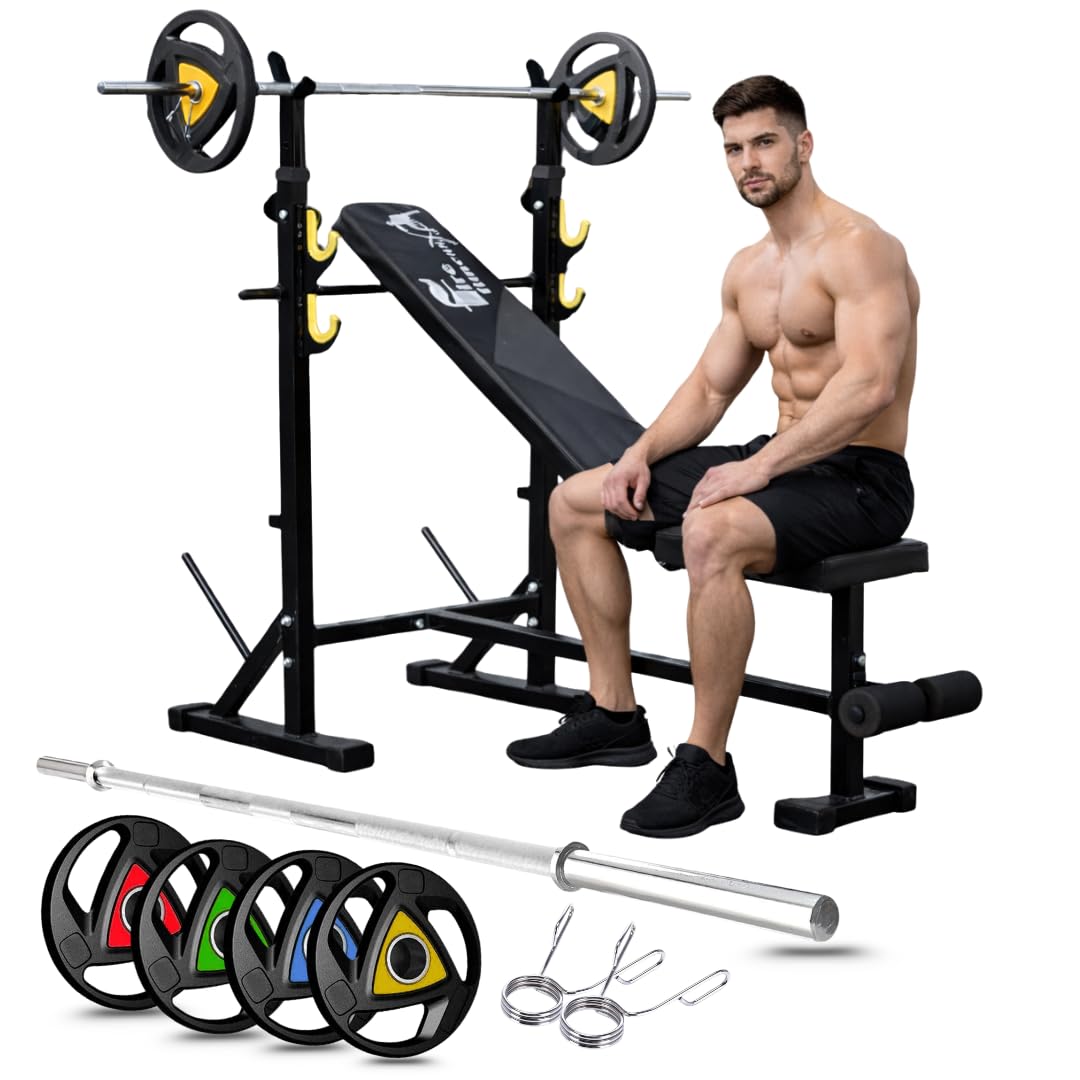 5IN1 Gym bench for hom home multifunctional and adjustable Incline,Decline & Flat Gym bench with | Metal weight plates and 7FT olympic gym barbell rod 70KG Home gym combo-image-19