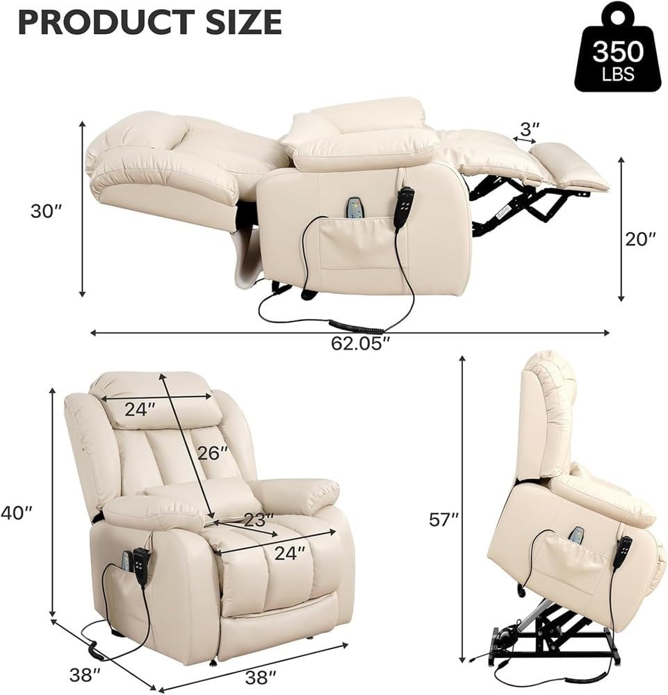 Large Power Lift Recliner Chair for Seniors with Infinite Position Dual Motor Heated Massage and USB Port Breathable Leather Reclining Sofa Remote Control Comfortable
