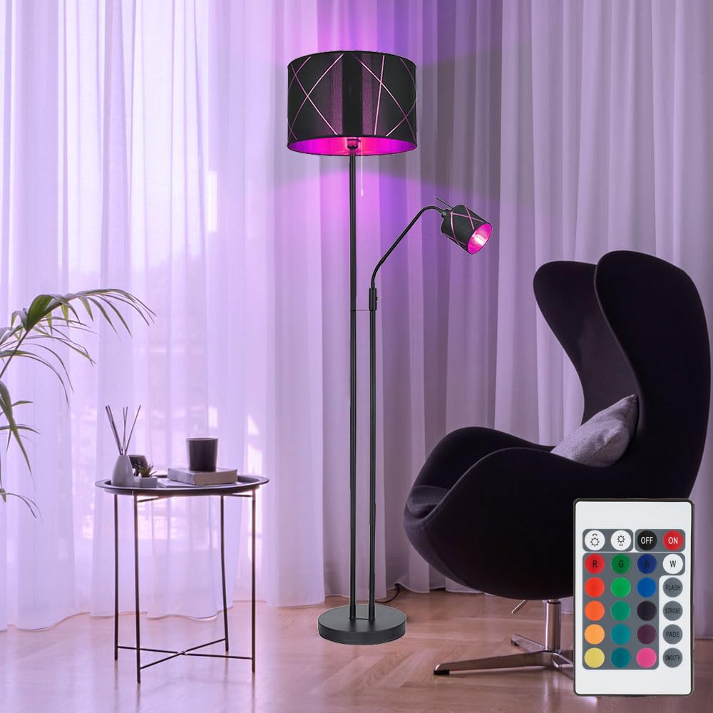 LED Stehleuchte mit Leselampe Deckenfluter dimmbar mit Fernbedienung, RGB Farbwechsel, Metall Textil schwarz gold, Leseleuchte flexibel, 1x 8,5W 806lm 1x 4,8W 470lm warmweiß, DxH 40x175 cm