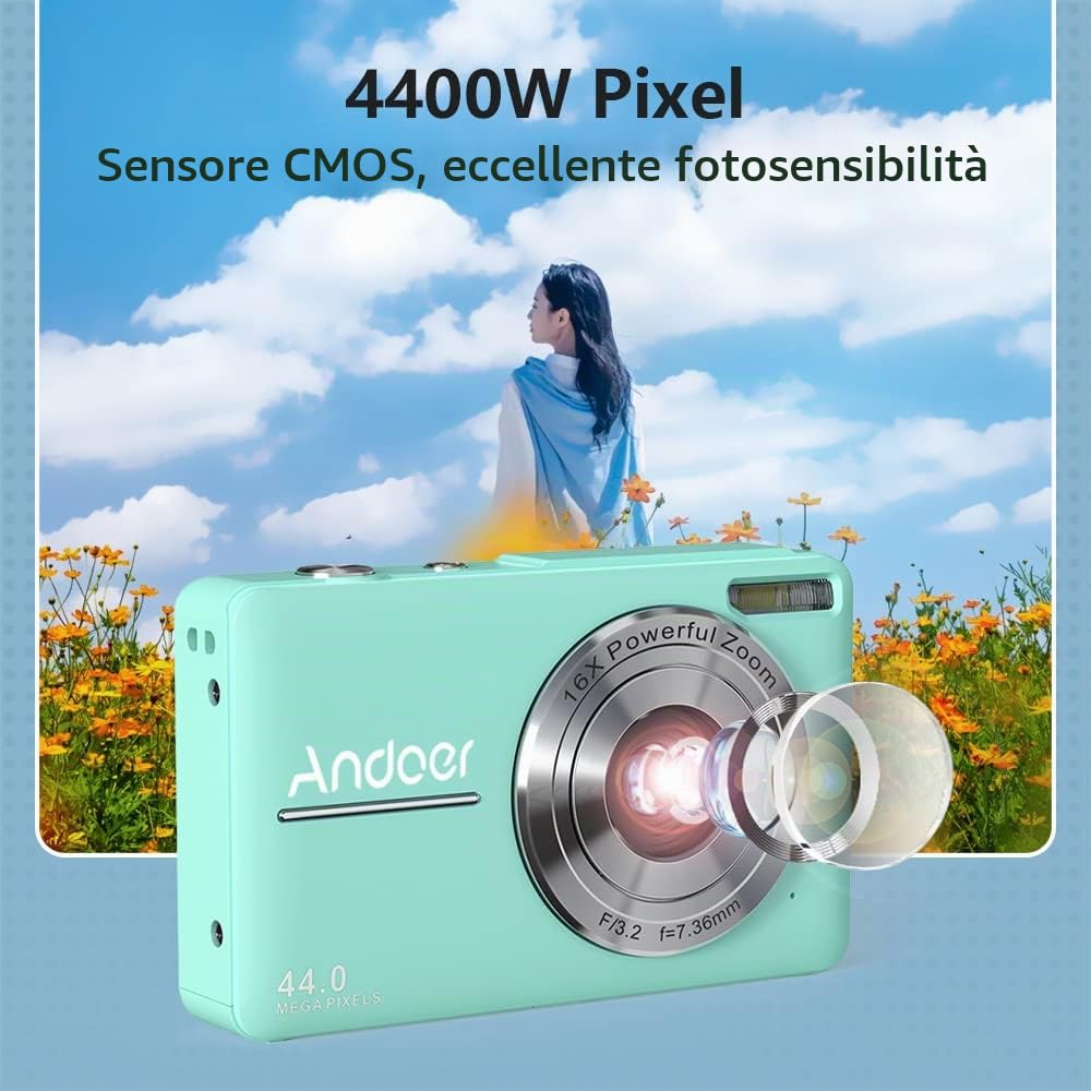 Videocamera Digitale Portatile 1080P Videocamera 44MP Messa A Fuoco Automatica 2.5 Schermo IPS Zoom Digitale 16X Rilevamento Volti Anti-Vibrazione Cattura Sorriso