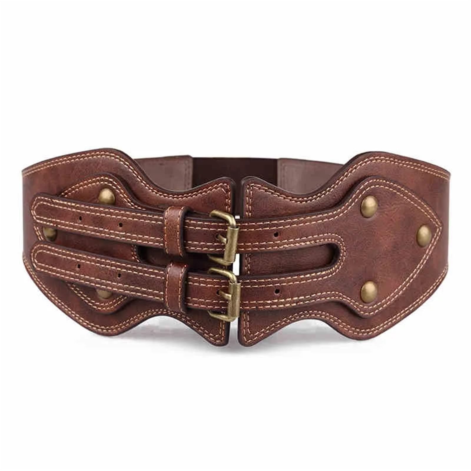 Xpjyua Women's Brown Cummerbund Wide Leather Belt Punk Rivet Belts Cummerbunds Elastic Corset