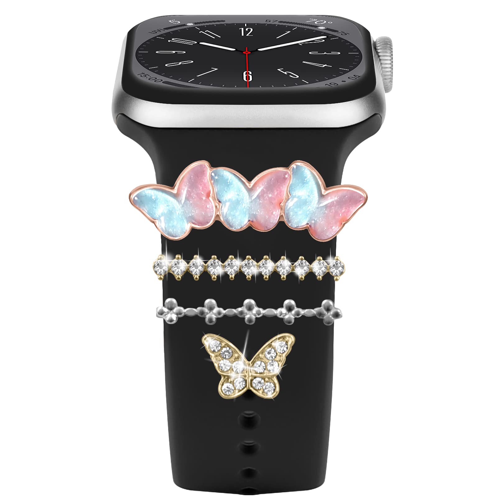 Charms for Apple Watch Band for Women 40mm 44mm 41mm 45mm 38mm 42mm 46mm,Decorative Ring Loops Metal Sparkles Jewelry Accessories for iWatch Series 10 9 8 7 6 5 4 3 SE,Silicone Watch Band Charms