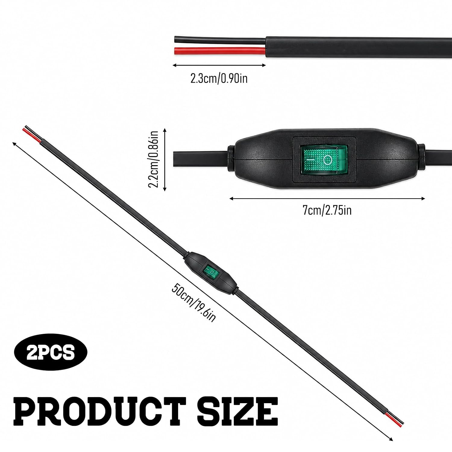 Inline Cord Switch 12V 24V/3A ON/Off Rocker Button with Prewire on Both End Green LED for Lamp, LED Strip Lights- 0.5M/1.6FT -2PCS