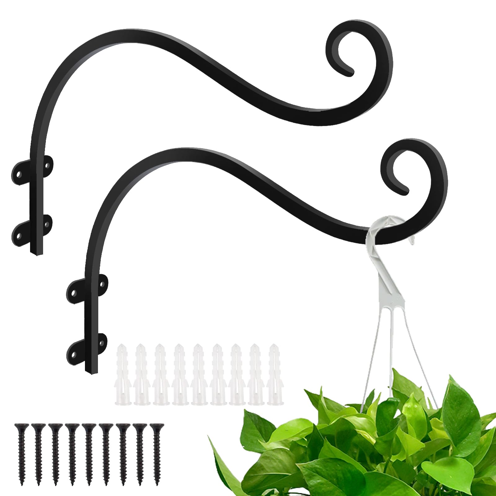 Set di 2 ganci per piante da appendere all'aperto, in metallo, per appendere cesti pesanti, mangiatoia per uccelli, lanterne, campanelli a vento (nero)