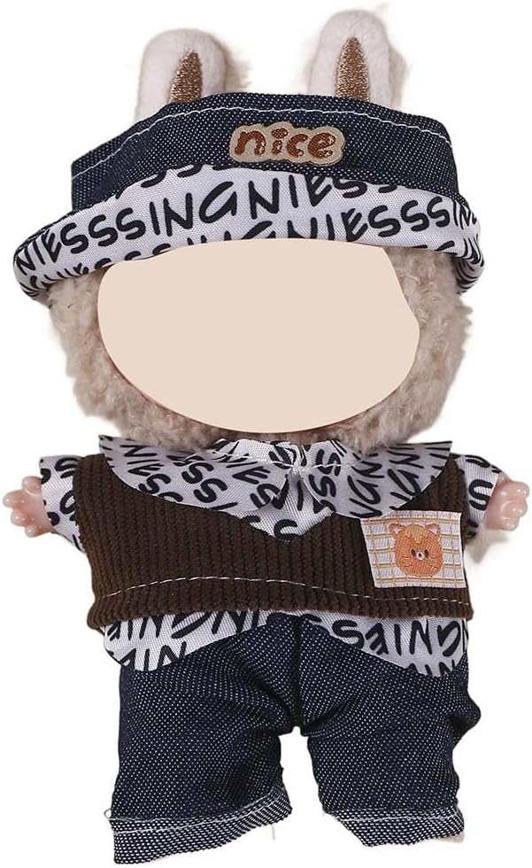 Compatible with Labubu (NO Doll Included) - Urban Street Style Denim & Letter Print Outfit Set (Hat, Vest, Shirt, Pants) Compatible with Labubu 15cm/17cm (Doll Excluded), Cute Doll Accessories