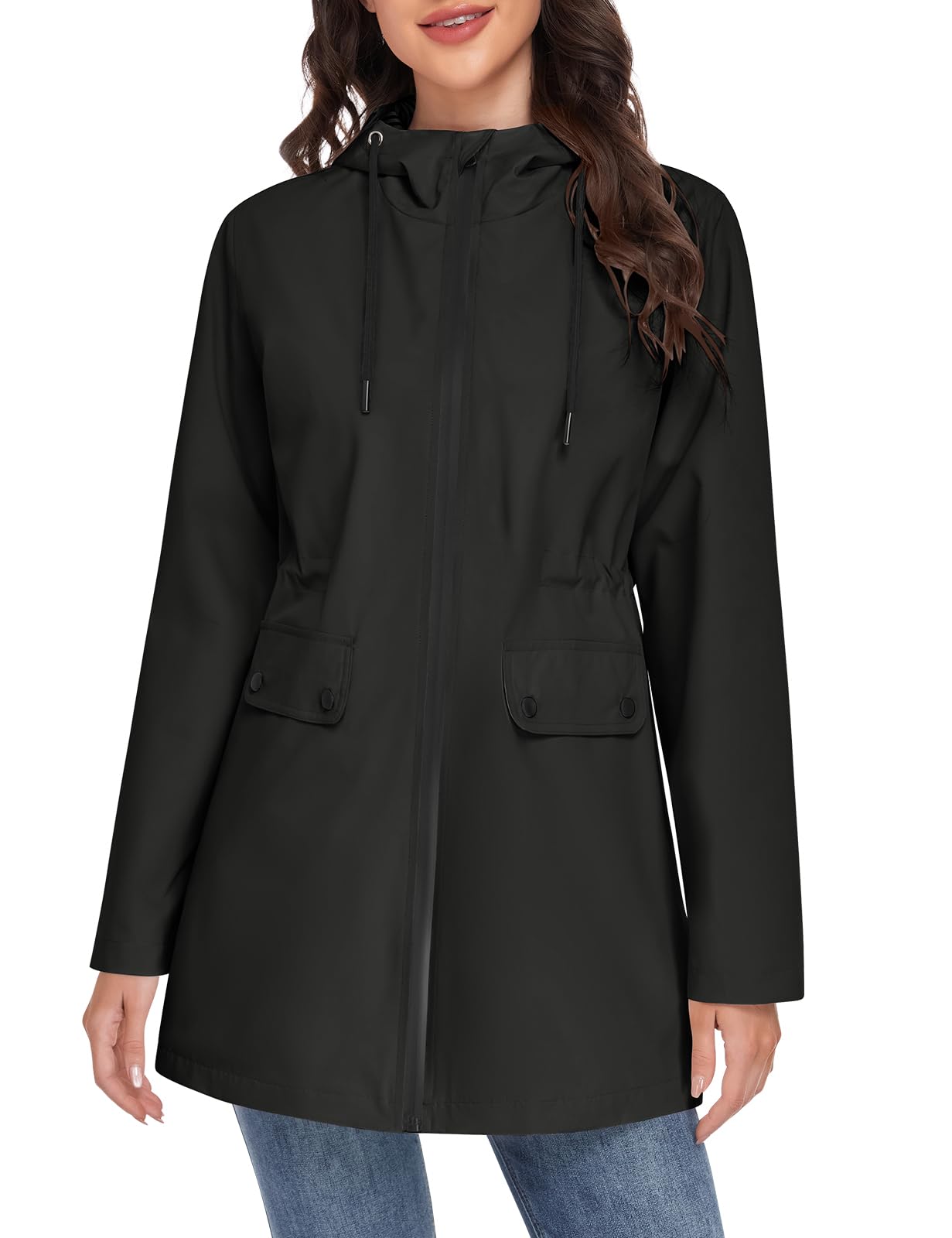 Yuson Girl Manteau Femme mi Saison Long Léger Manteau Parka Coupe Vent Élégante Veste de Printemps avec Capuche Cordon de Serrage Décontracté Blouson pour Printemps Eté et Automne