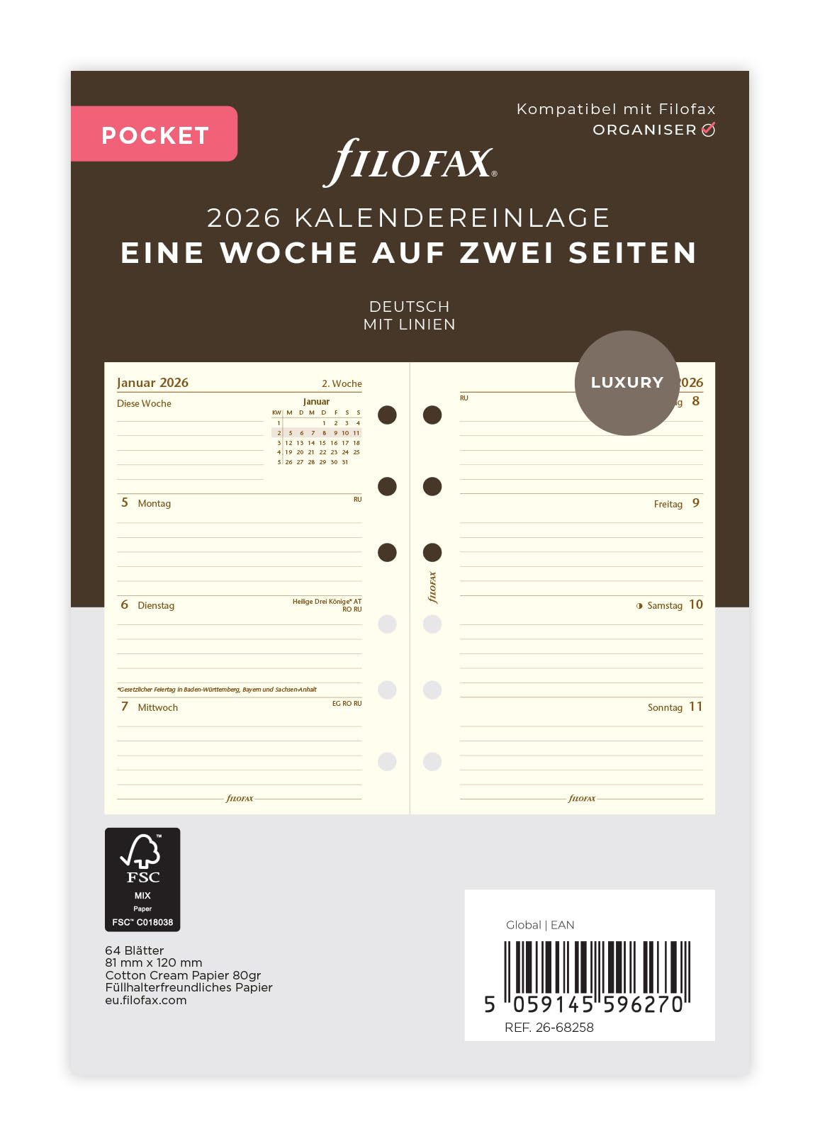 Filofax Kalender Pocket 1 Woche auf 2 Seiten cotton cream(deutsch)2026