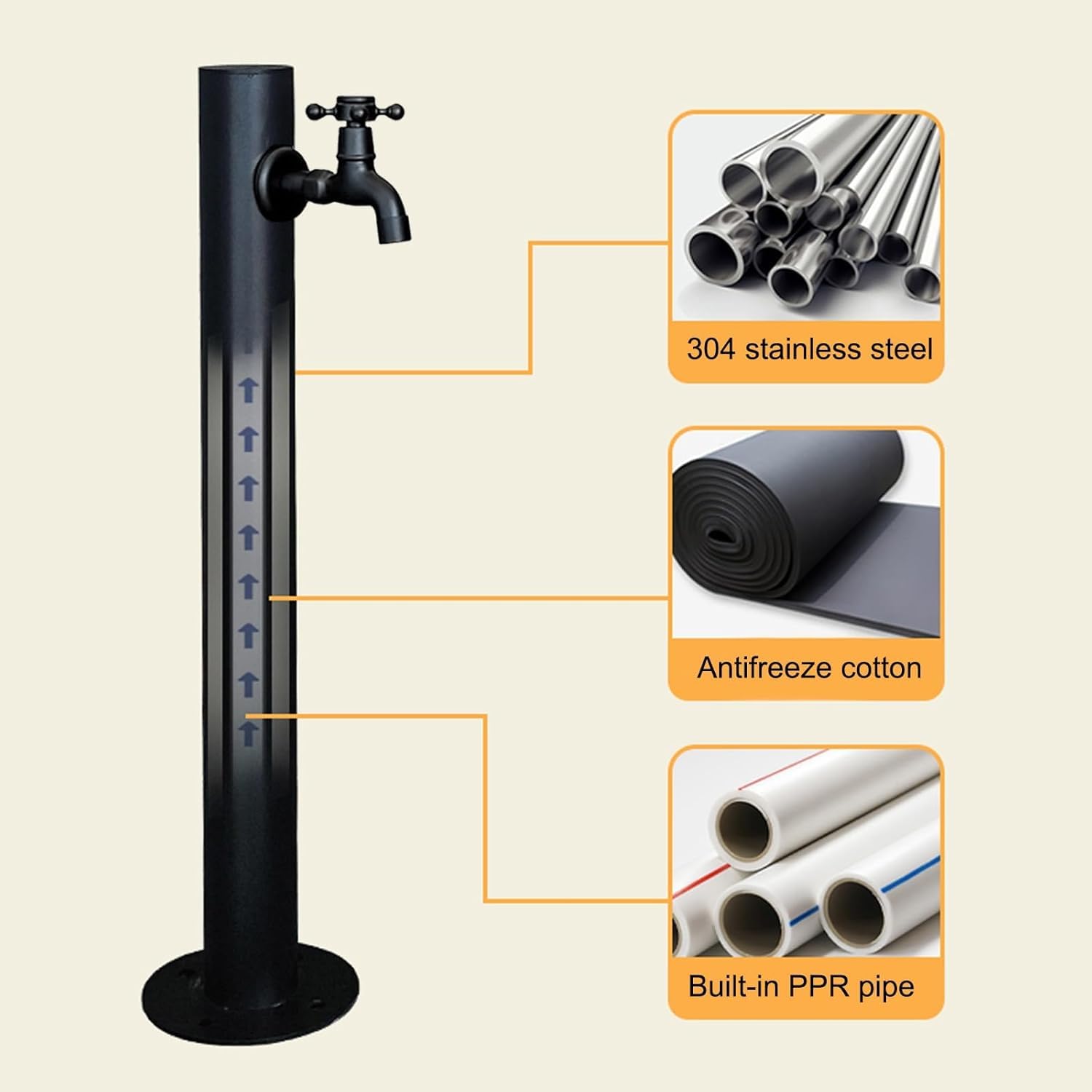 Pionowa kolumna wodna do ogrodu z stali nierdzewnej 304 | Słupek z kranem i hydrantem do ogrodu – trwały i dekoracyjny element wyposażenia ogrodu,Black 8,60cm/23.6in