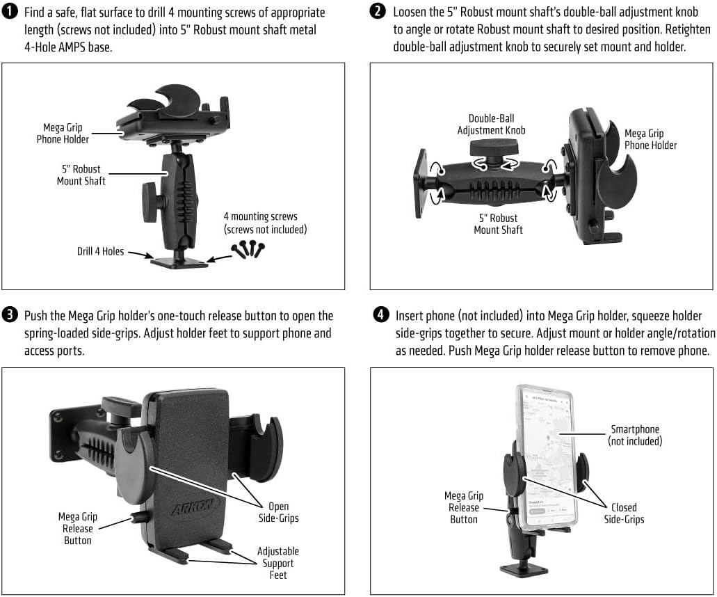 ARKON Mounts Drill-Base Mega Grip Phone Mount | Universal Phone Fit | 360° Adjustable Angle | Flat Surface AMPS Mounting | Compatible with iPhone, Galaxy, Note, Pixel, and More | SM4RM2XMAMPS