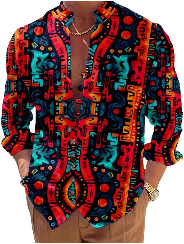 Mens Long Sleeve Button Down Shirts Aztec Printed Collar Muscle Loose Fit Fashion Cool Novelty Summer Shirt