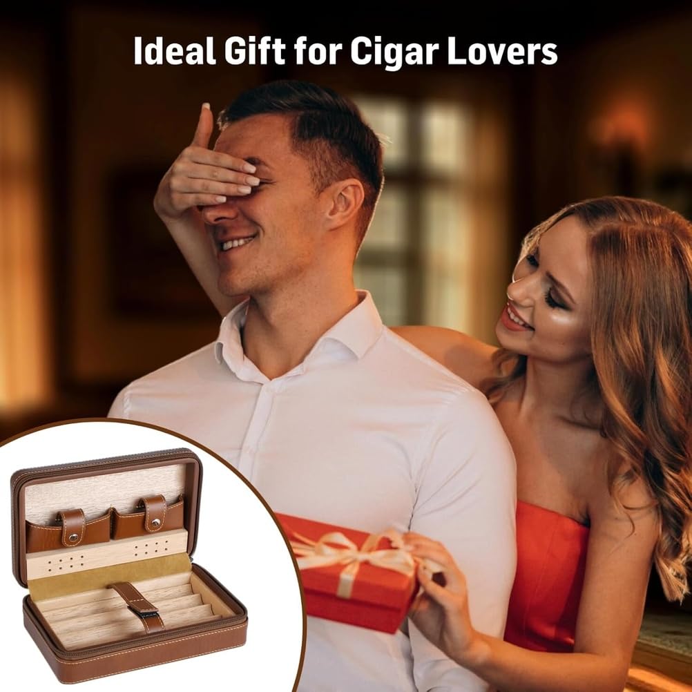 Custodia portatile per sigari in pelle con cerniera e rivestimento in legno di cedro – Contiene fino a 4 sigari – Regalo di lusso per compleanno o festività per padre, marito, uomini