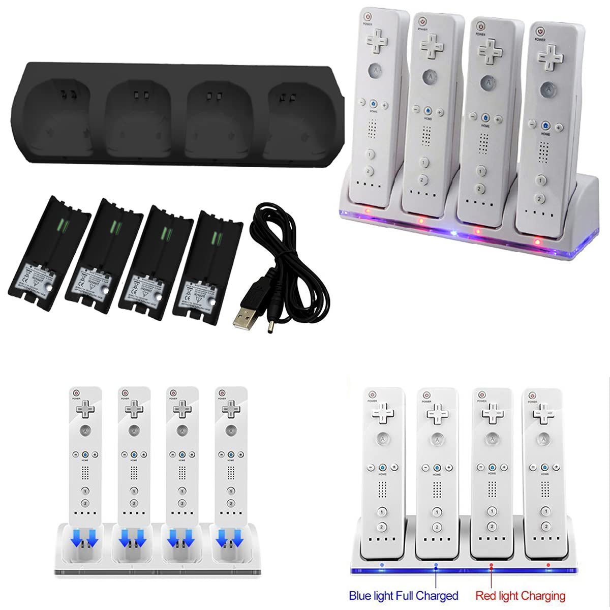 Yolispa Station Daccueil de Charge pour Contrôleur Wii avec 4 Batteries Rechargeables Et Voyants LED