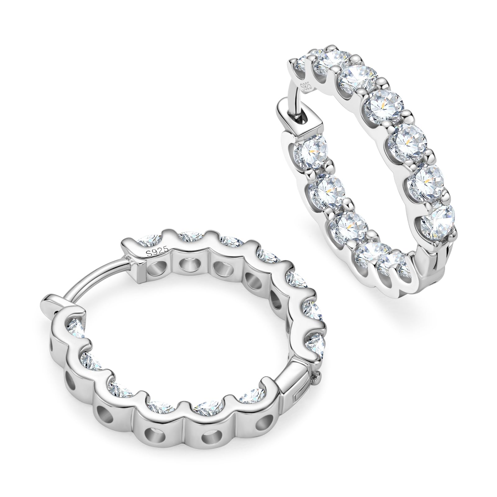 Aretes de aro de moissanita para mujer, plata de ley 925 con diamantes de imitación de moissanita de color D-E, pequeños aretes de aro para orejas sensibles, hipoalergénicos con chapado en oro blanco