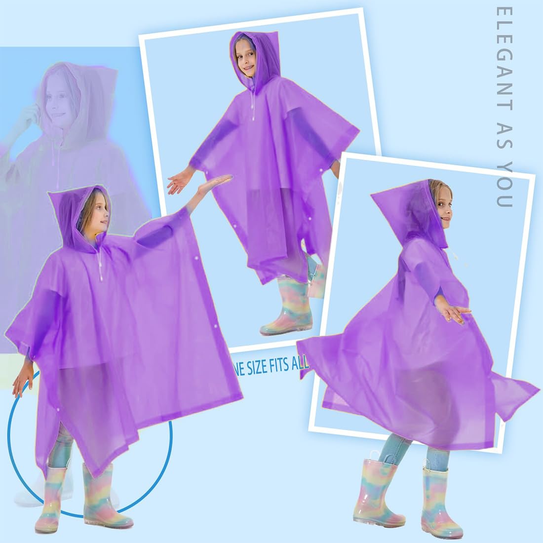 Poncho Impermeable Niños, Espesar Reutilizable EVA Chubasquero con Capucha y Botones para Niño Niña, Infantiles Traje de Liuvia con Capucha y Botón para Escuela Senderismo Ciclismo Viajes