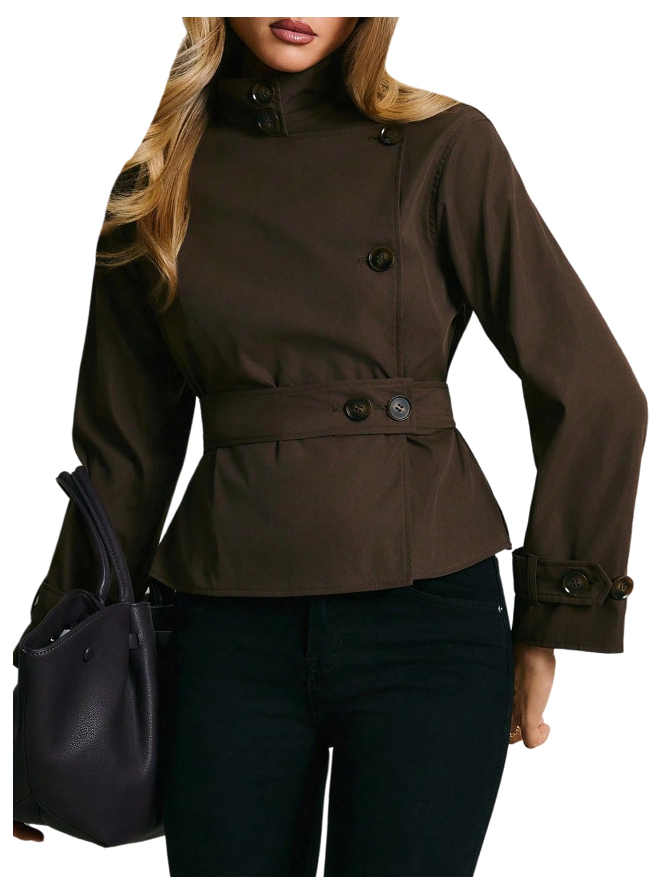 MakeMeChic Womens Long Sleeve Trench Coat Mock Neck Belted Jacket Outerwear