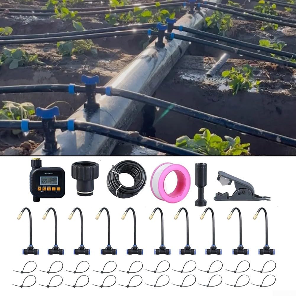 Sistema di irrigazione automatico delle piante con timer per giardino, kit di irrigazione regolabile con ugello spray incluso tubo PE e connettori rapidi per aiuole, set di 5 metri di lunghezza (10 m)