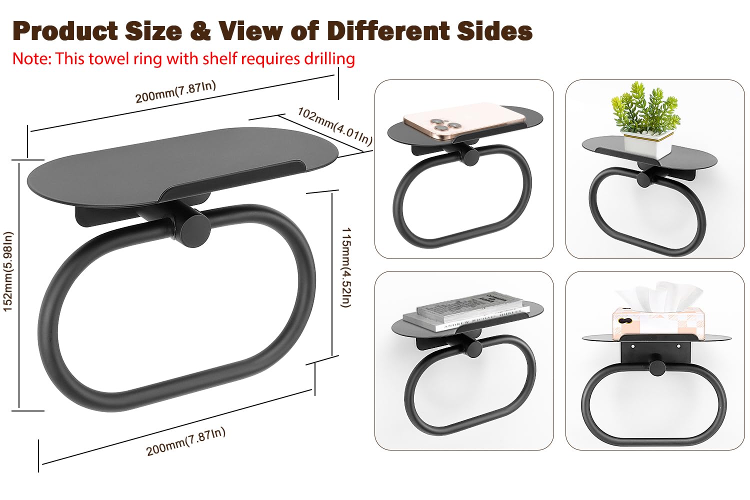 Stainless Steel Hand Towel Ring with Shelf - Matte Black -2 Stainless Steel Hand Towel Ring with Shelf - Matte Black -2