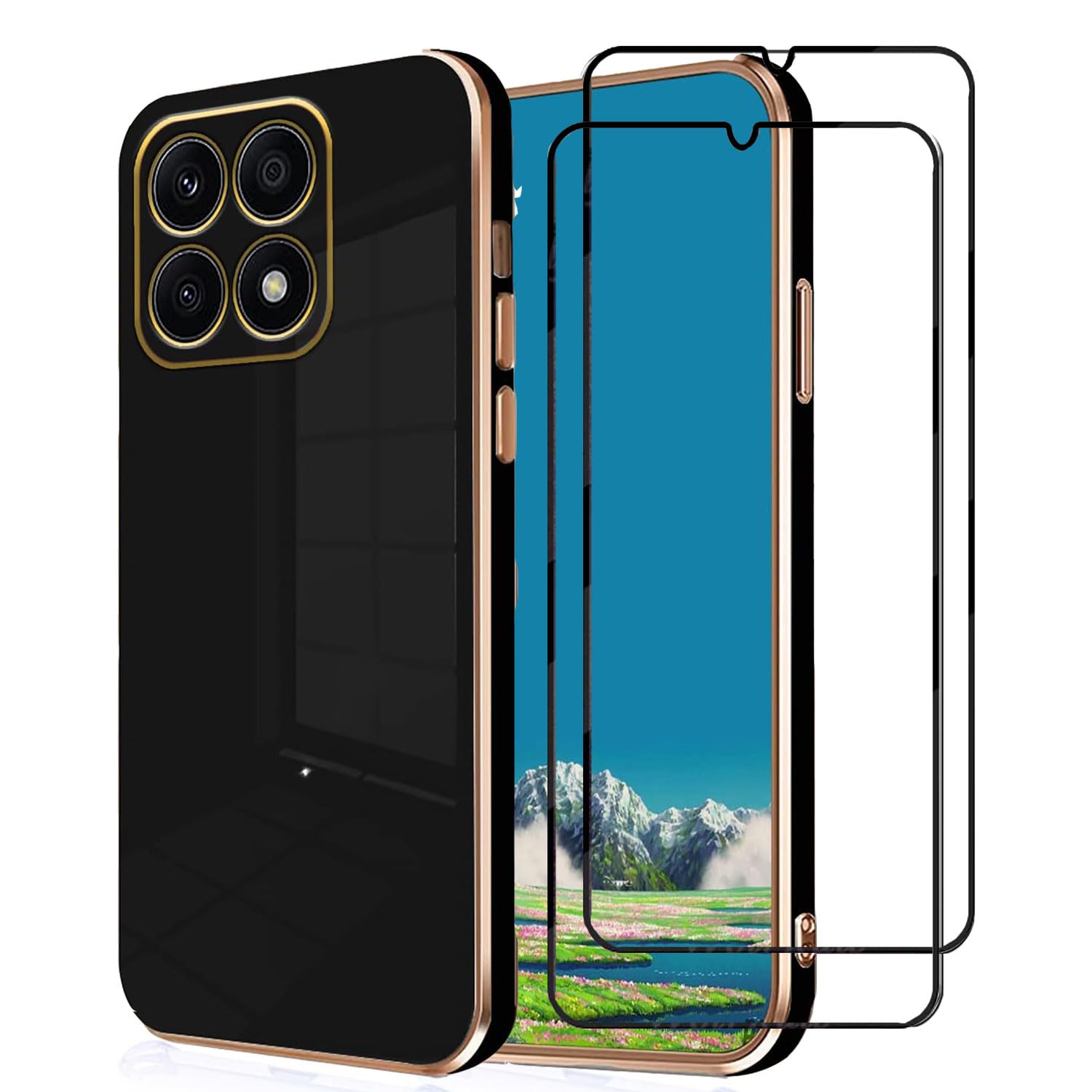 PUCHEN[1+2pcs] Compatible for Honor X8B Case & Screen Protector, Plating TPU Soft [Tempered Glass] Cover with 360 Degree Cover Anti-Scratch Anti -Collision (Black) (Black)