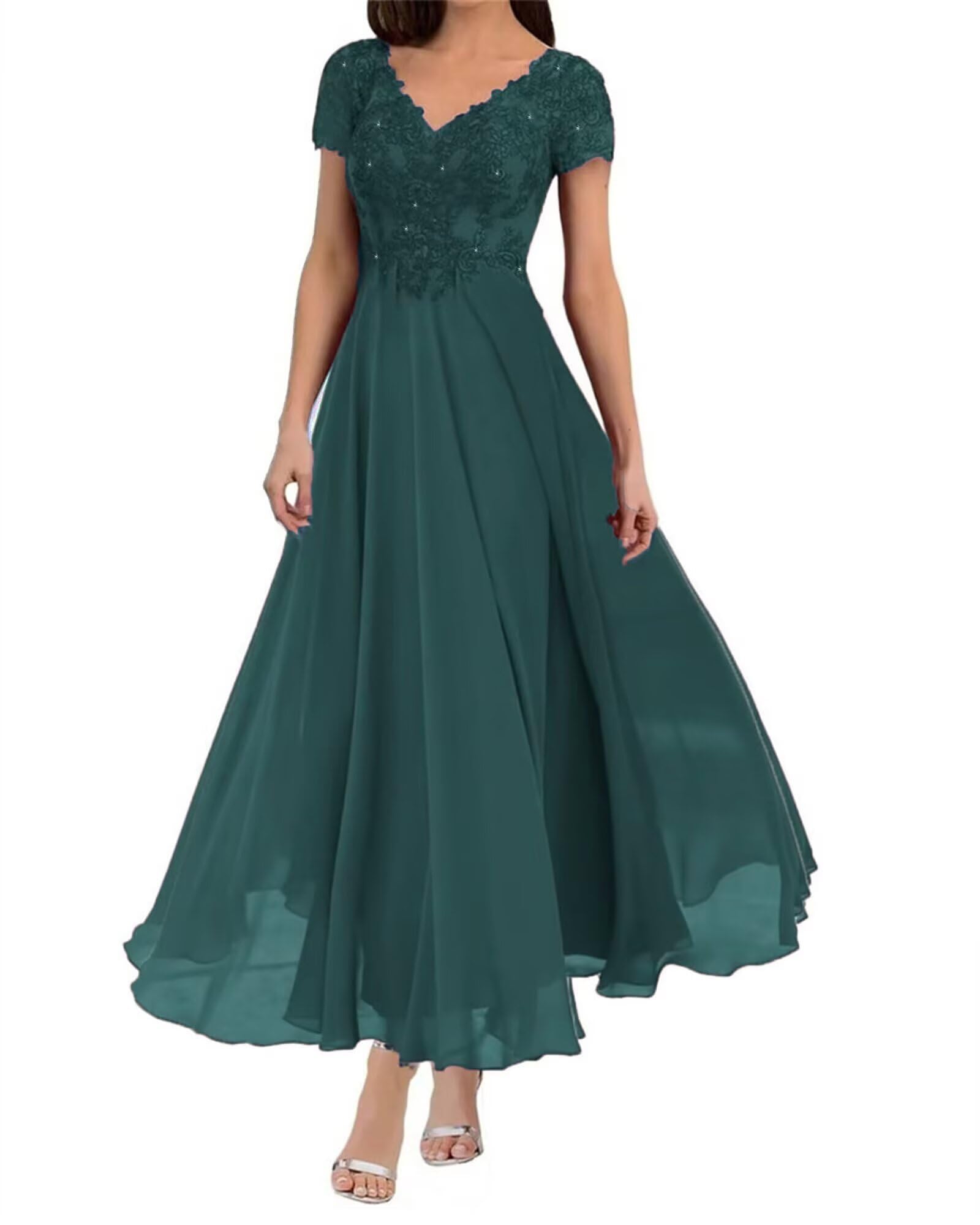 Brautmutterkleider aus Chiffon mit Spitze, Ärmeln und Teelänge, formelles Abendkleid für Damen zur Hochzeit