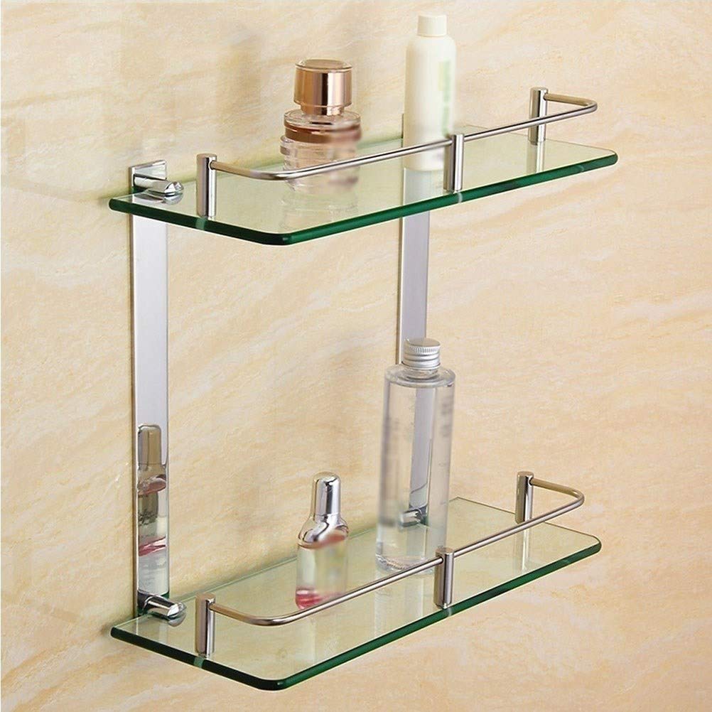 Mensole da bagno in vetro temperato con binario, 400 mm, in acciaio inox, installazione senza punzonatura, soluzione salvaspazio per bagni moderni