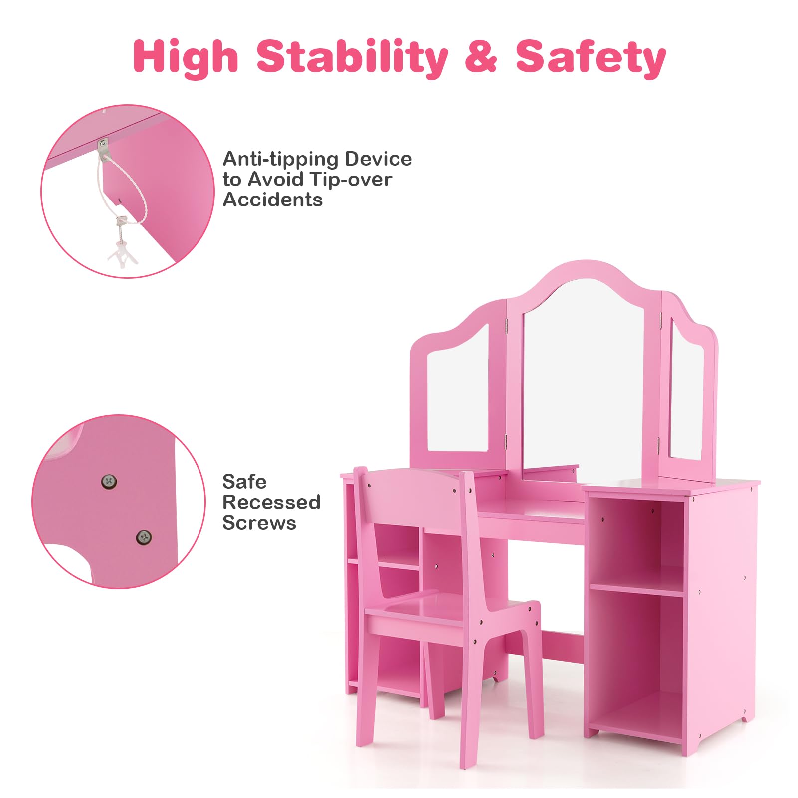 LIFEZEAL Tocador 2 en 1 para niña con Taburete 3+ años, Juego de tocador Infantil, Mesa de Maquillaje con 4 Compartimentos, Escritorio Infantil de Madera con Espejo extraíble y Plegable (Rosa)