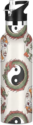 Kids Water Bottle with Straw Leakproof Sports Water Bottle for Boys Girls 20oz, BPA-Free, Orange Tiger Chinese Dragon