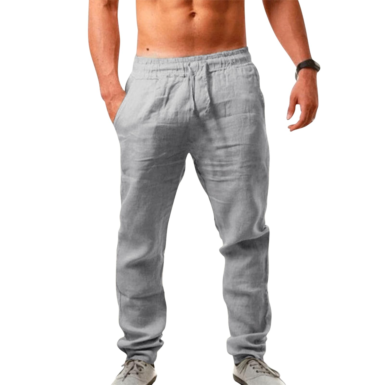 Puimentiua Leinenhose Herren,Lang Leichte Sommerhose,Schmal Fit Baumwollehosen mit Tunnelzug und Taschen (S-3XL)