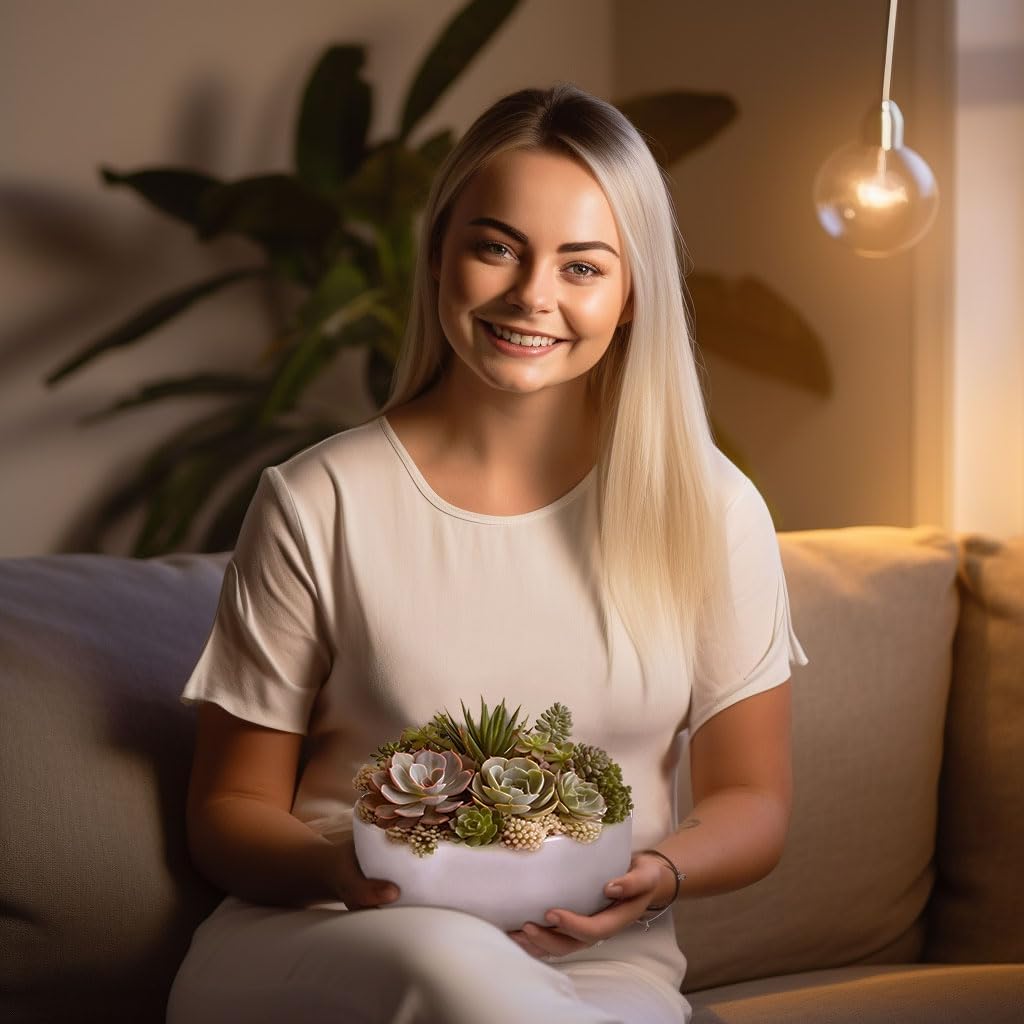 BambooMN Ceramic Succulent Planter Pots - 1 Pot - Round Bowl - with Bamboo Tray - White - 6.49"