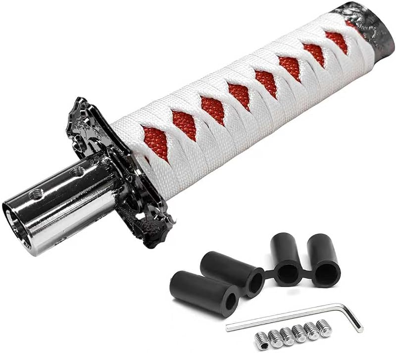Manopla de câmbio estilo espada samurai KVAEY em liga de alumínio – Branco e vermelho, 1 unidade