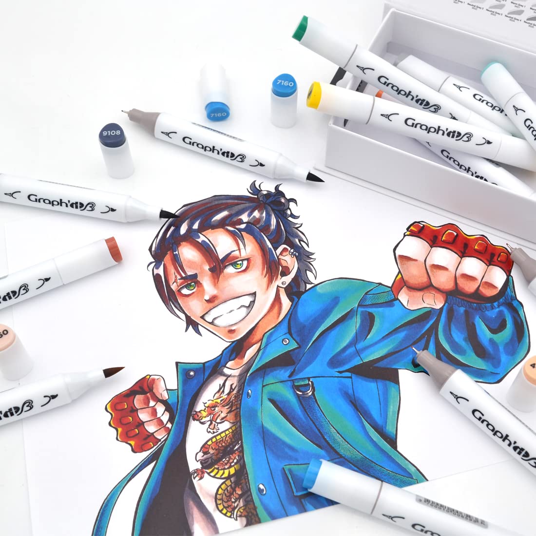 Graph'it - Set de 12 Marqueurs à Alcool Double Pointe : Extra-fine et Pinceau - Dessin de Manga et Illustration - Professionnel et Débutant - Série Manga Shonen