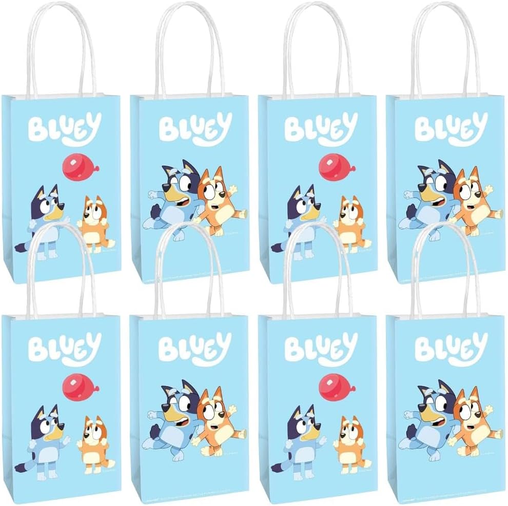 Multicolor Bluey Printed Party Favor Bags - 8.25" x 5.25" x 3", Pack of 8 Blue Kraft Treat Bags - Perfect Paper Bags for Kids Birthday, Baby Shower, Themed Party & More
